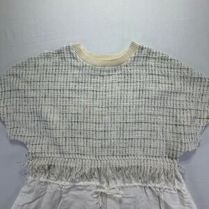ZARA WOMAN Tweed Fringe Top Ivory Blue Knit Ribbed Crew Neck Short Sleeve Size S